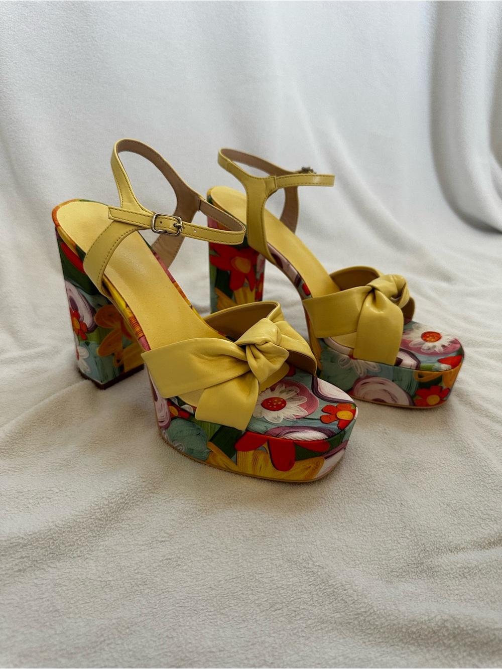 Yellow Floral Platform Knot Heels